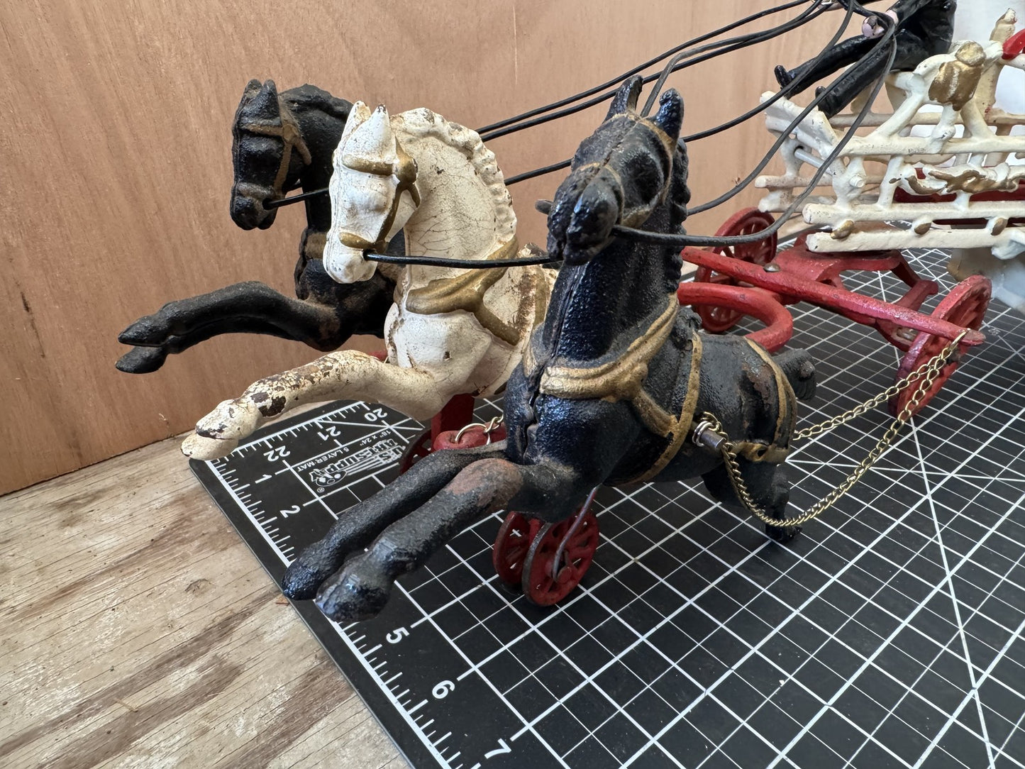 Vintage Cast Iron Hook & Ladder Fire Truck – 31” Long, 3 Horses, 3 Ladders