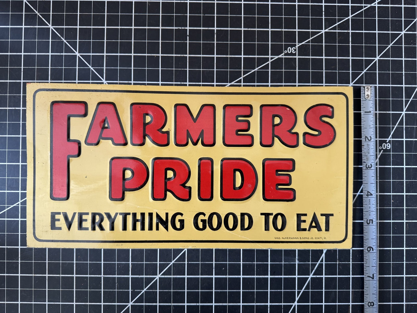 1930s NOS “FARMERS PRIDE Everything Good to Eat” Embossed Metal Sign – 11.5”x6”