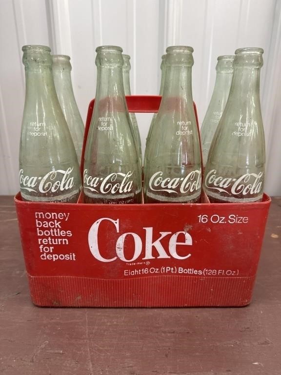 Vintage Coca-Cola Red Plastic 8-Pack Carrier with Eight 16oz Glass Bottles