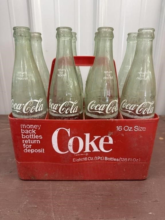 Vintage Coca-Cola Red Plastic 8-Pack Carrier with Eight 16oz Glass Bottles