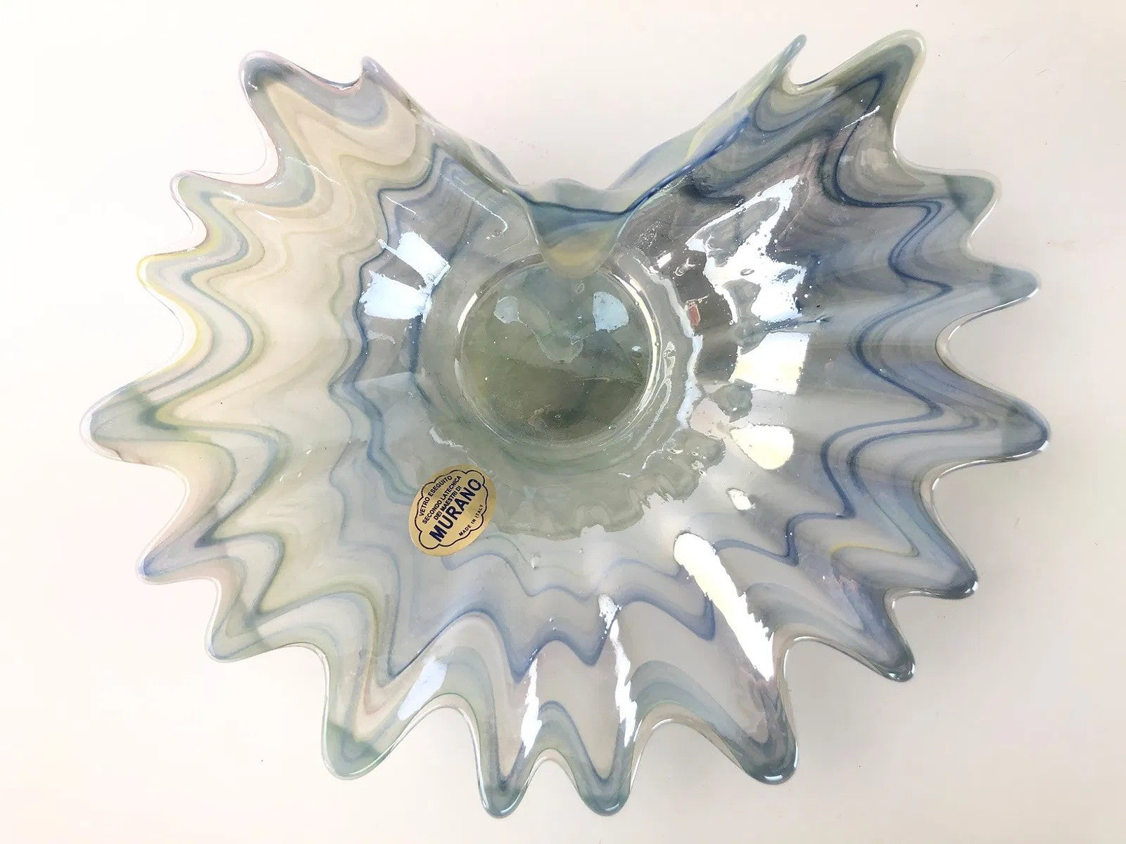 Murano Art Glass Bowl – Wavy Starburst Rim – Blue & Gray Swirl – 8” – Italy