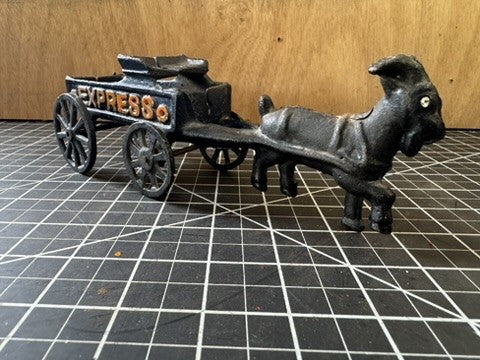 Vintage Cast Iron Goat Pulling Espresso Wagon Toy – 8” Long