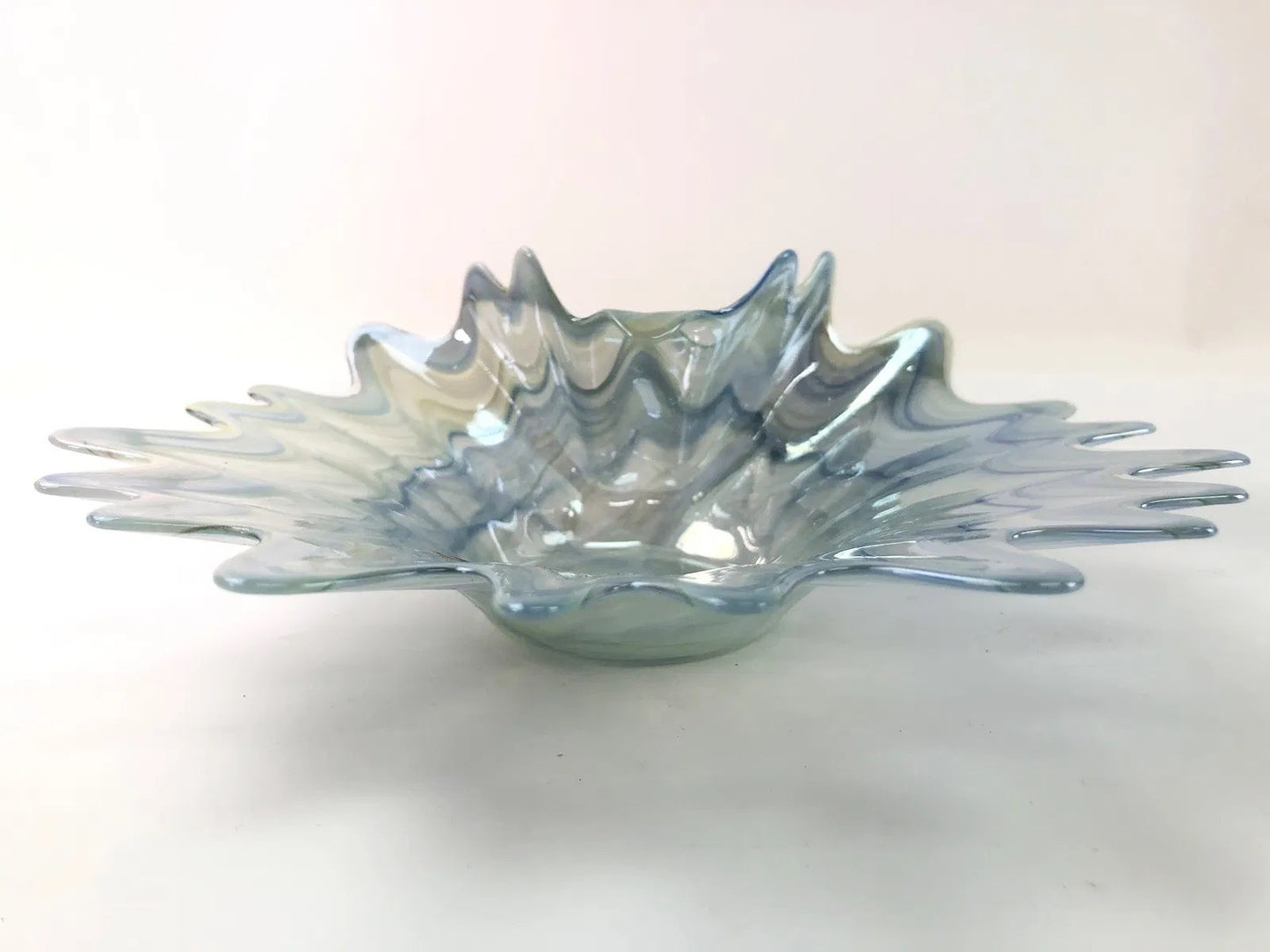 Murano Art Glass Bowl – Wavy Starburst Rim – Blue & Gray Swirl – 8” – Italy