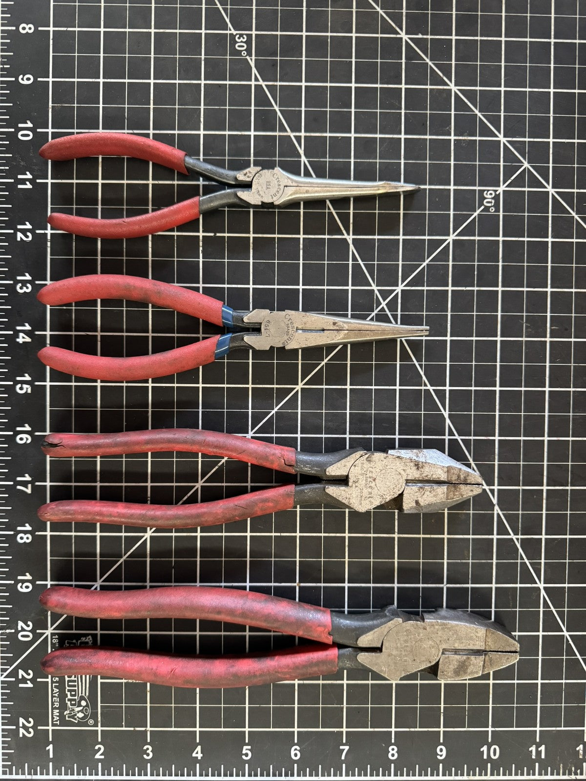 Lot of 4 Vintage Crescent Pliers – Duck Bill, Needle Nose, 2 Lineman Cutters