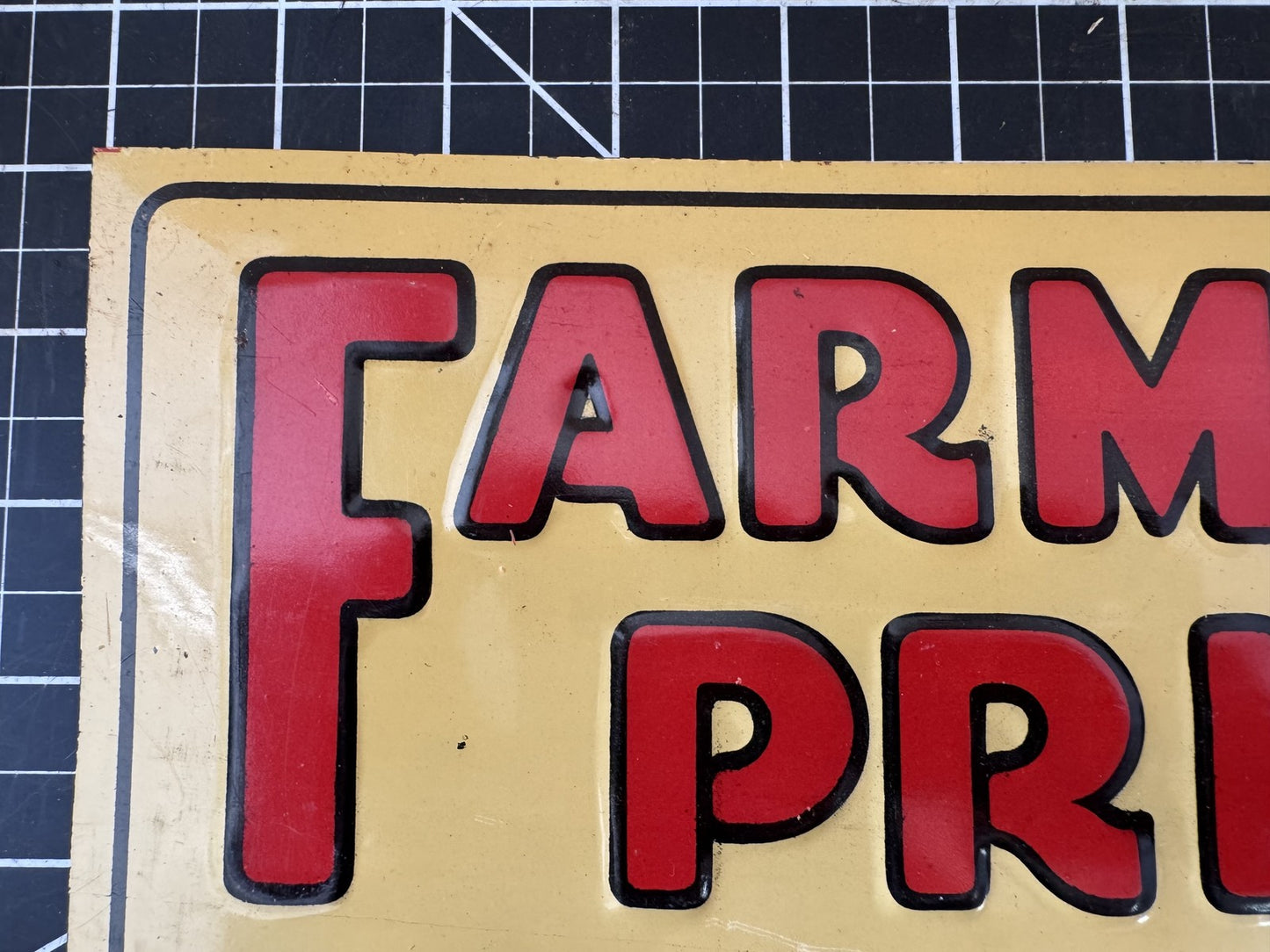1930s NOS “FARMERS PRIDE Everything Good to Eat” Embossed Metal Sign – 11.5”x6”