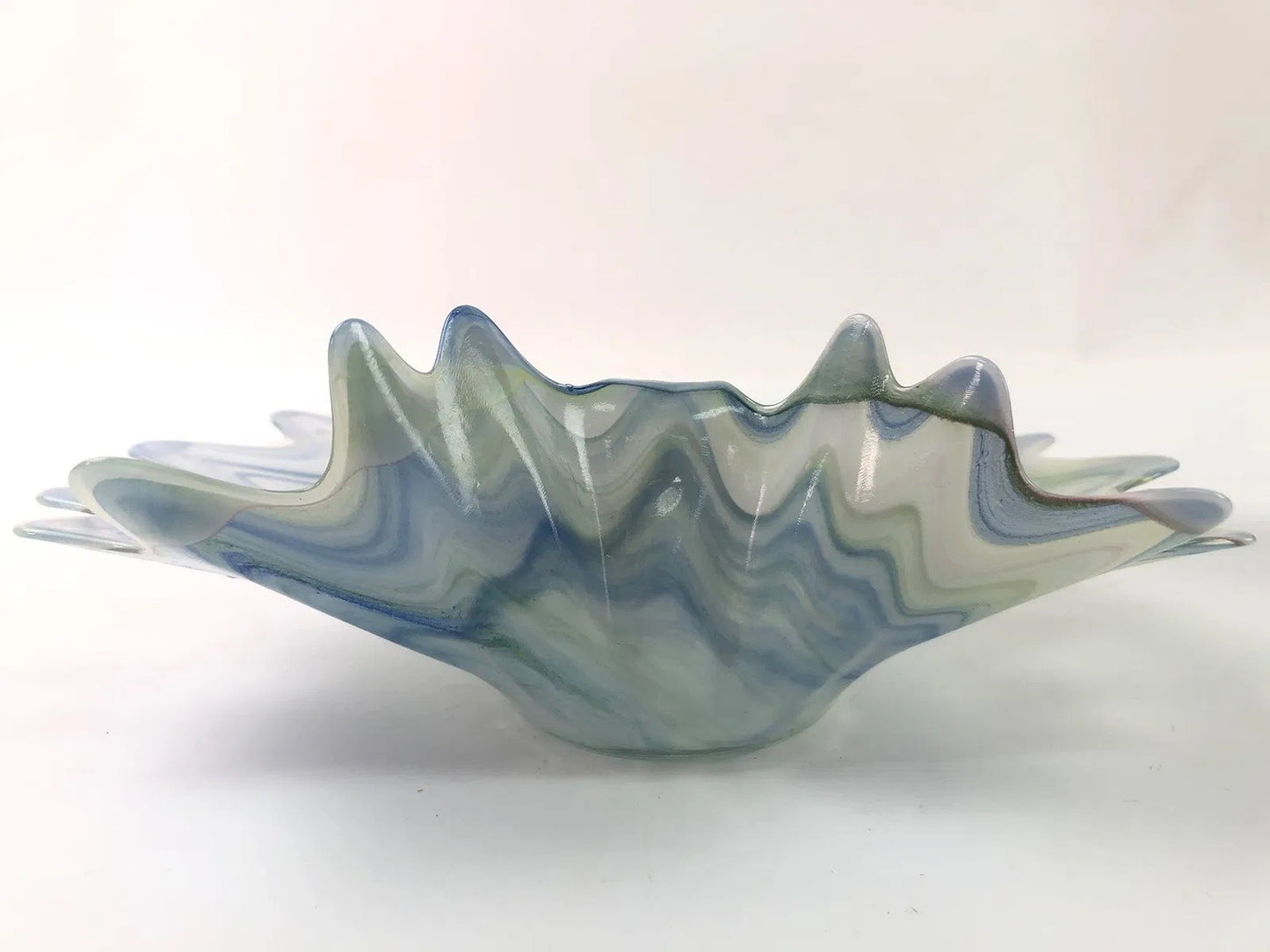 Murano Art Glass Bowl – Wavy Starburst Rim – Blue & Gray Swirl – 8” – Italy