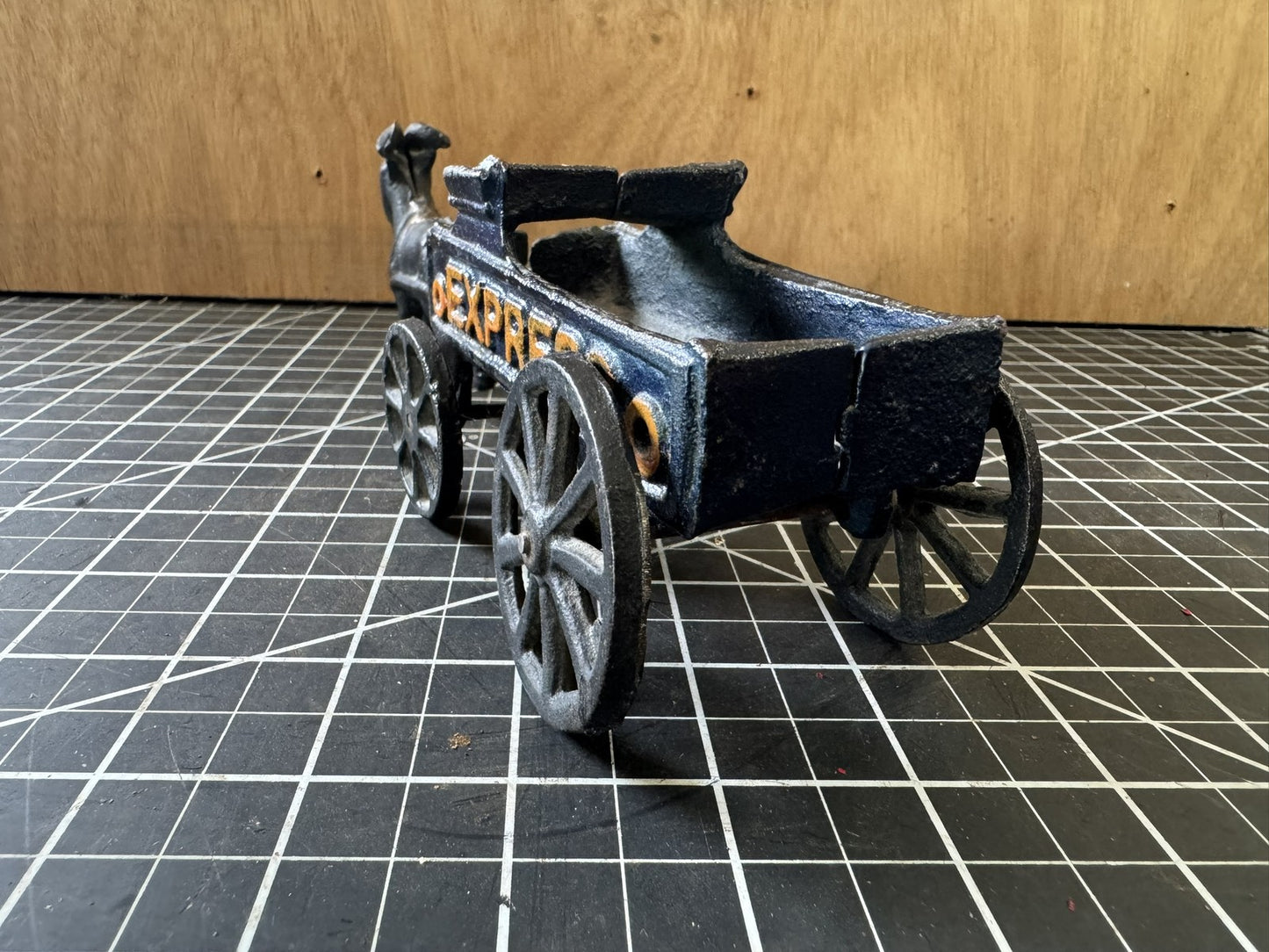 Vintage Cast Iron Goat Pulling Espresso Wagon Toy – 8” Long