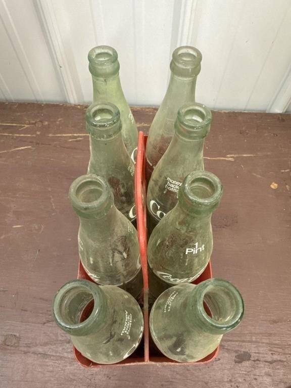 Vintage Coca-Cola Red Plastic 8-Pack Carrier with Eight 16oz Glass Bottles