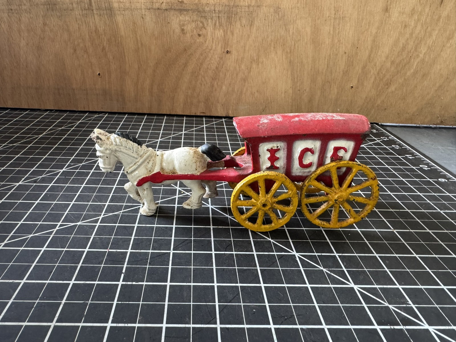 Vintage Cast Iron Ice Horse & Cart Figure – 8” Buggy Pulling Wagon, Red & White