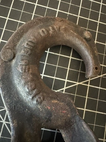 Antique Iron Pulley with Hook – Marked P1334, Pat. Aug 15 1916 – approx 12” x 6”