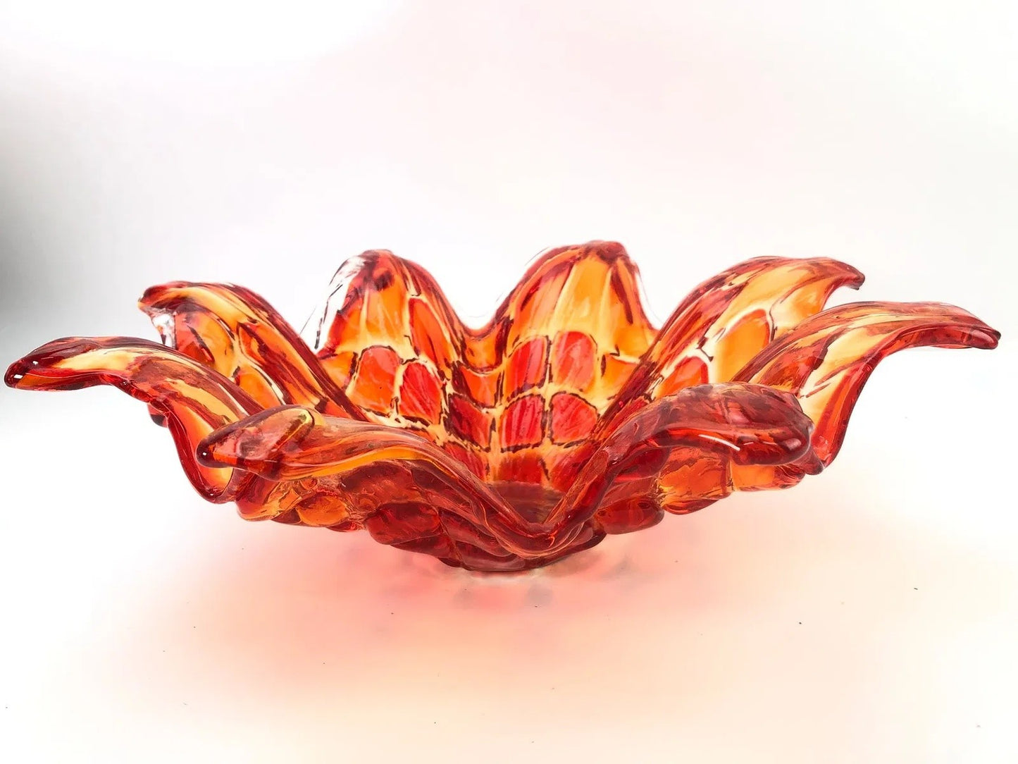 Large Murano-Style Hand-Blown Art Glass Bowl – Orange & Red, Italy, 15 3/4”