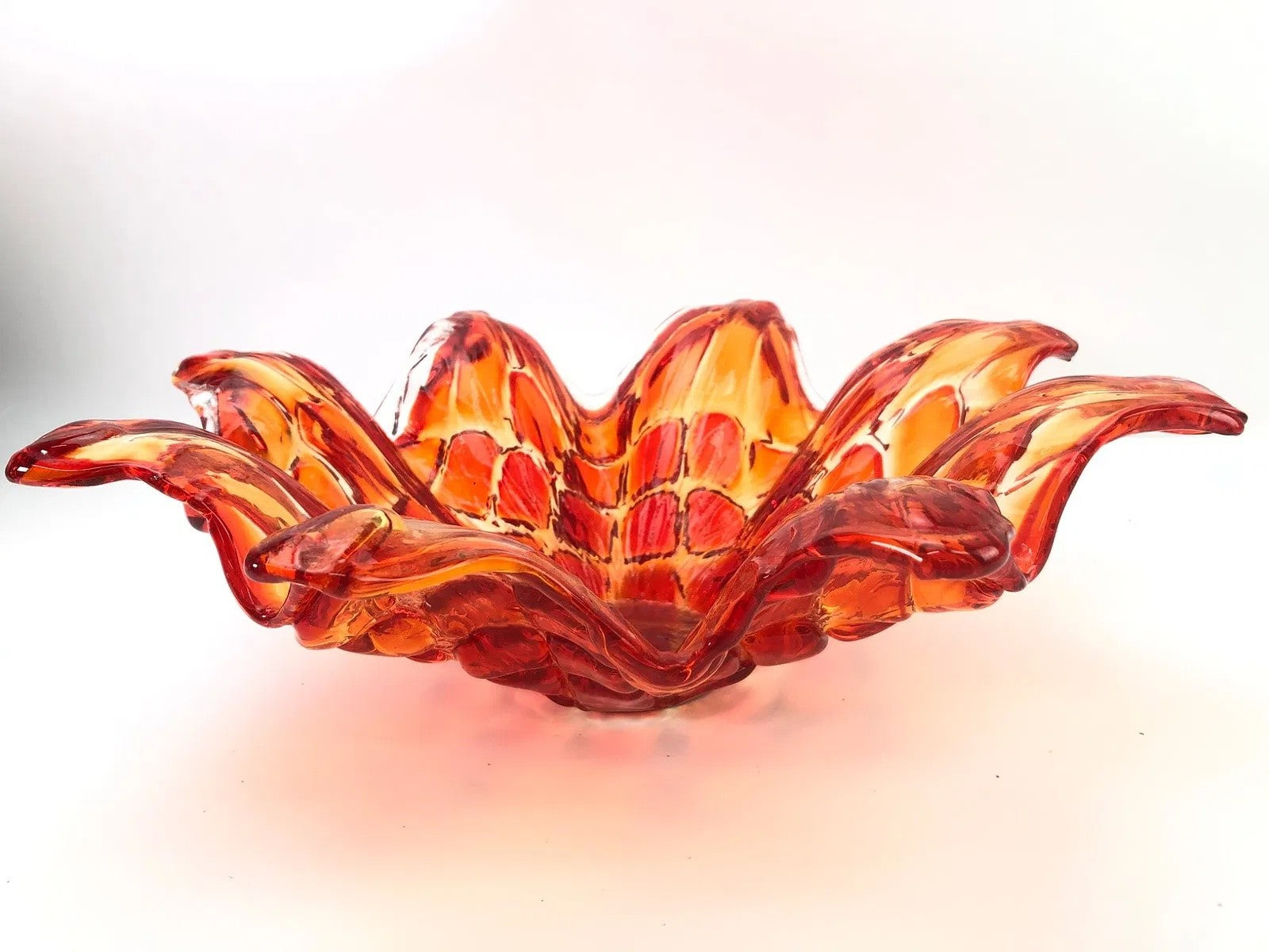 Large Murano-Style Hand-Blown Art Glass Bowl – Orange & Red, Italy, 15 3/4”