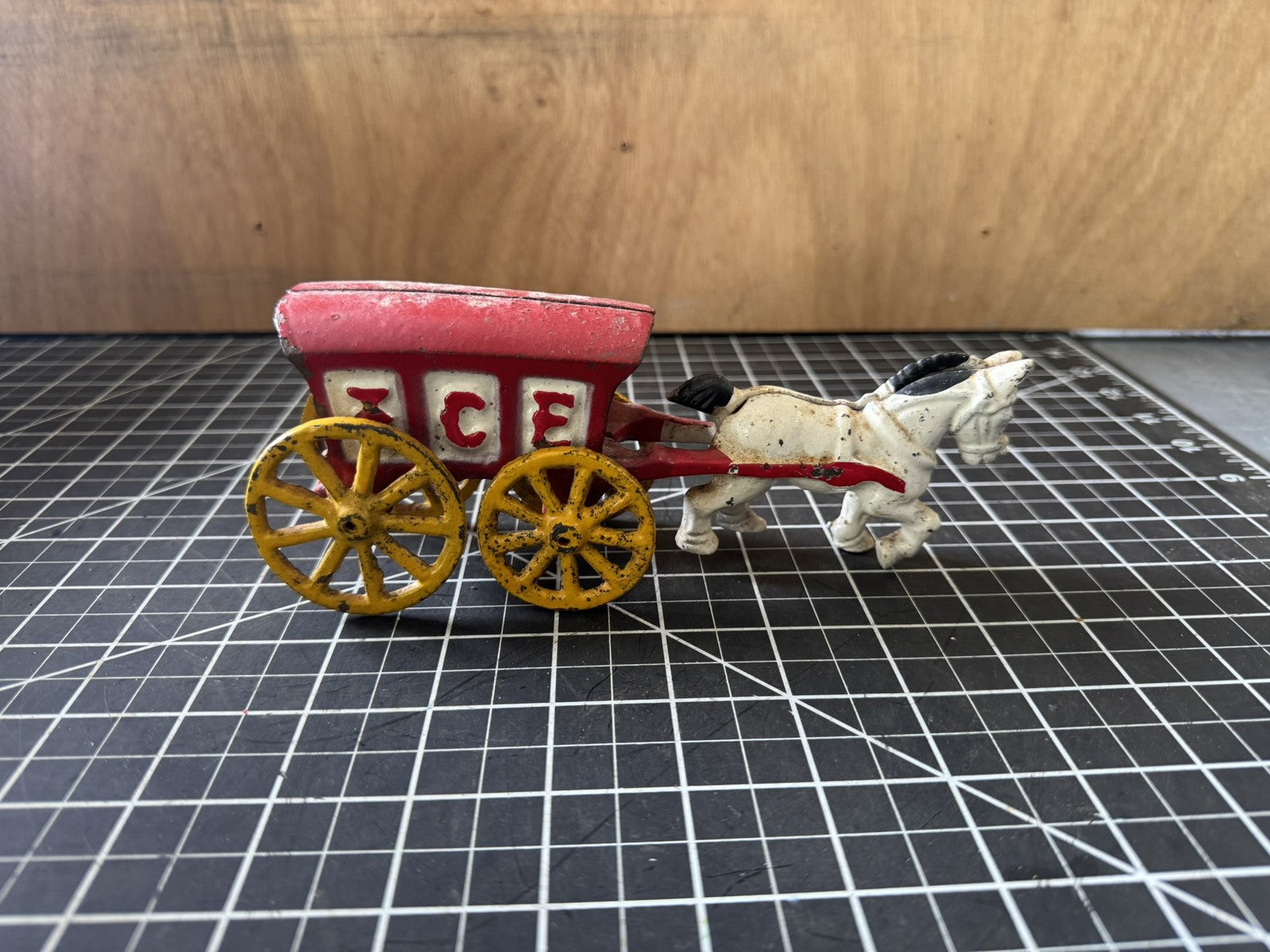 Vintage Cast Iron Ice Horse & Cart Figure – 8” Buggy Pulling Wagon, Red & White