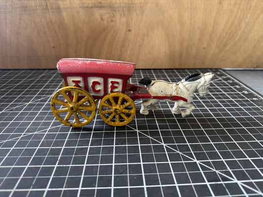 Vintage Cast Iron Ice Horse & Cart Figure – 8” Buggy Pulling Wagon, Red & White