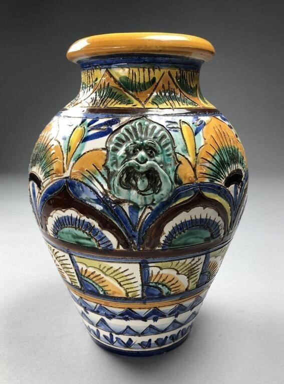 Mid-20th C. Italian Hand-Painted Vase – Incised Pottery with Lion Handles