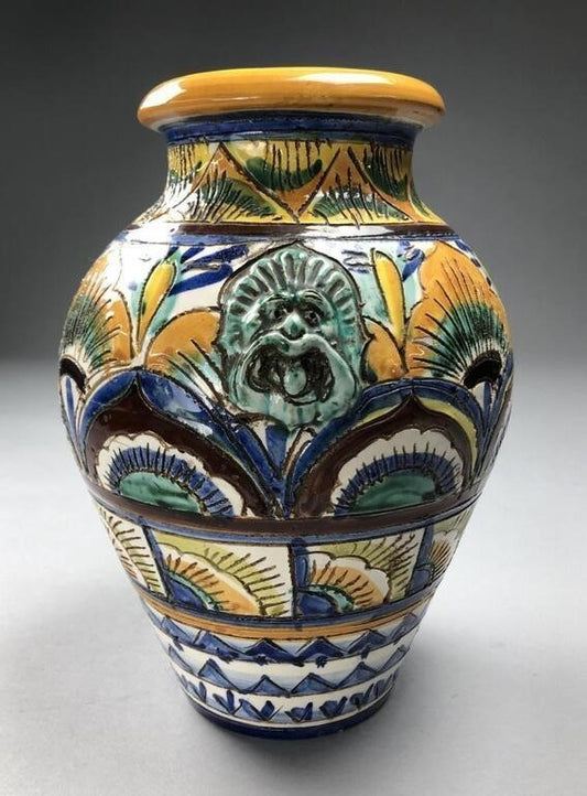 Mid-20th C. Italian Hand-Painted Vase – Incised Pottery with Lion Handles