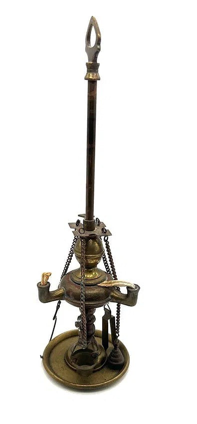 Antique Brass 3 Arm Lucerne Whale Oil Lamp w/ Dangling Tools – Rare Nautical