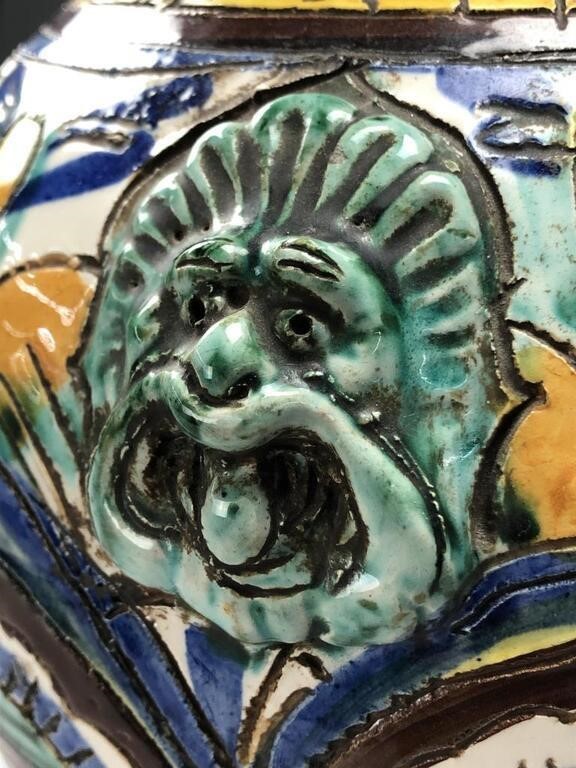 Mid-20th C. Italian Hand-Painted Vase – Incised Pottery with Lion Handles