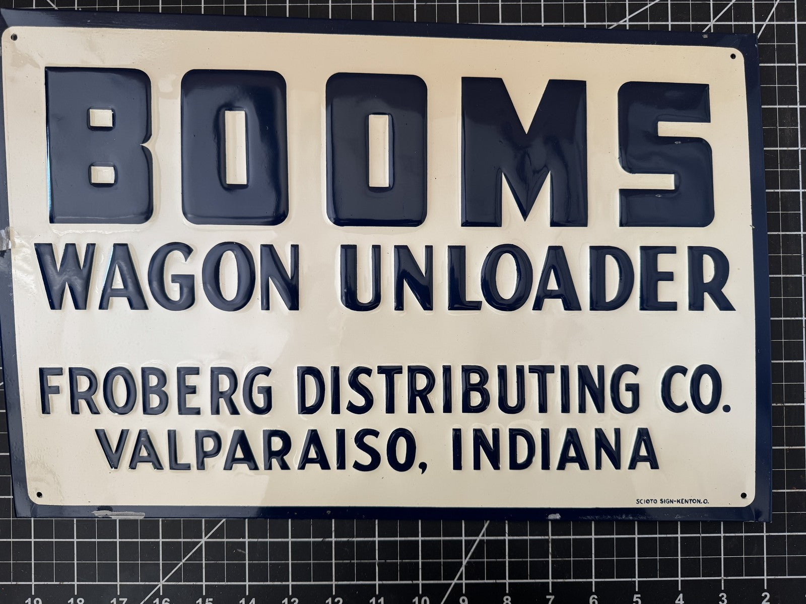BOOMS Wagon Unloader Embossed Metal Sign – NOS, Valparaiso IN, 17”x11”