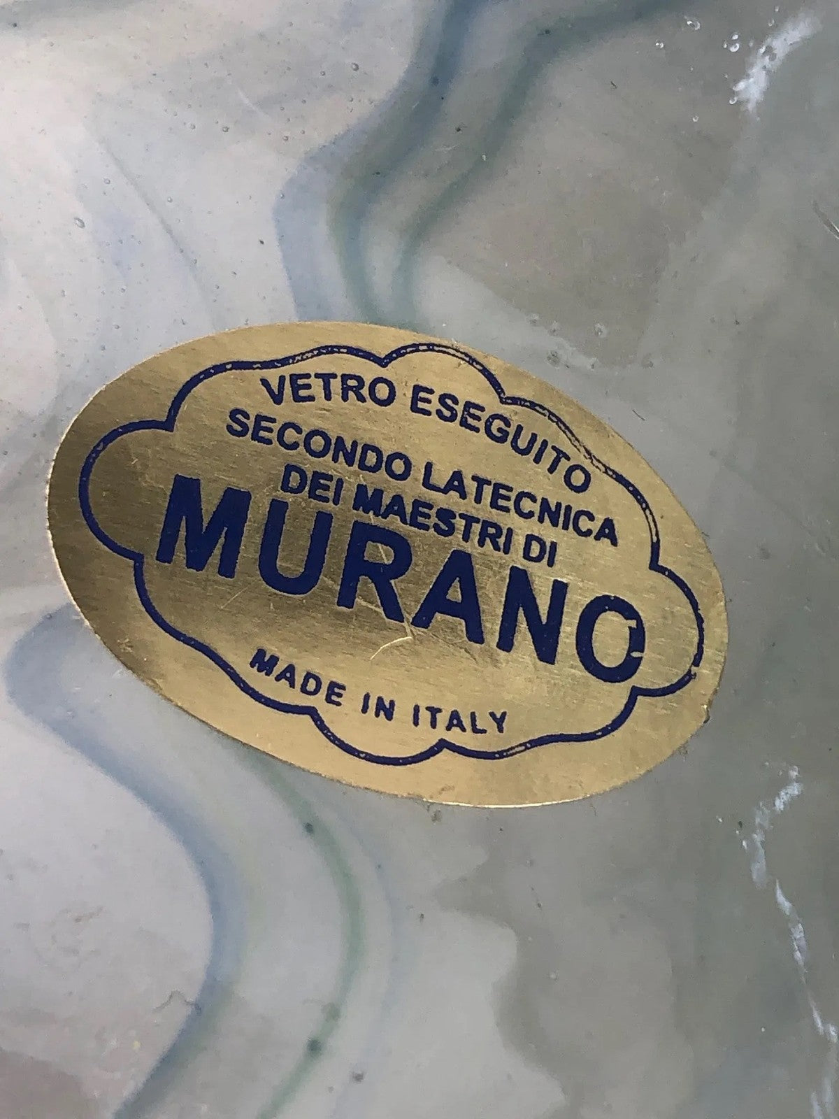 Murano Art Glass Bowl – Wavy Starburst Rim – Blue & Gray Swirl – 8” – Italy