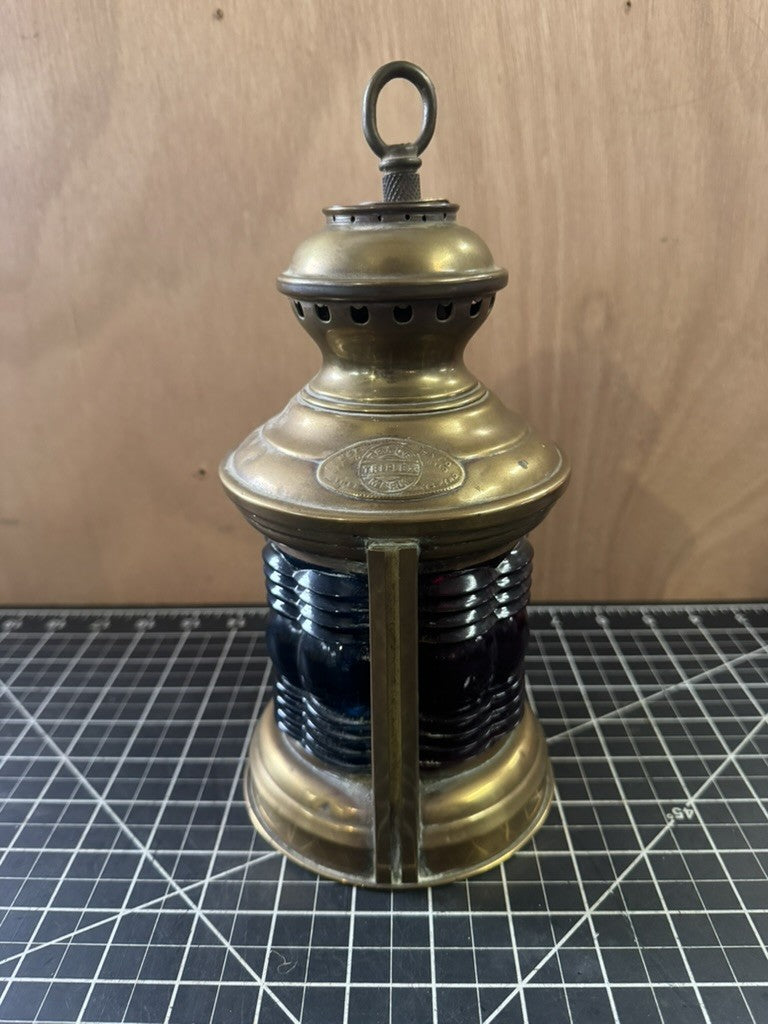 Antique Maritime Boat Lantern – Red & Blue Ship Oil Lamp – Triplex Trademark