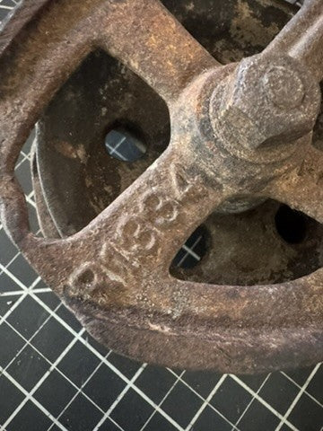 Antique Iron Pulley with Hook – Marked P1334, Pat. Aug 15 1916 – approx 12” x 6”