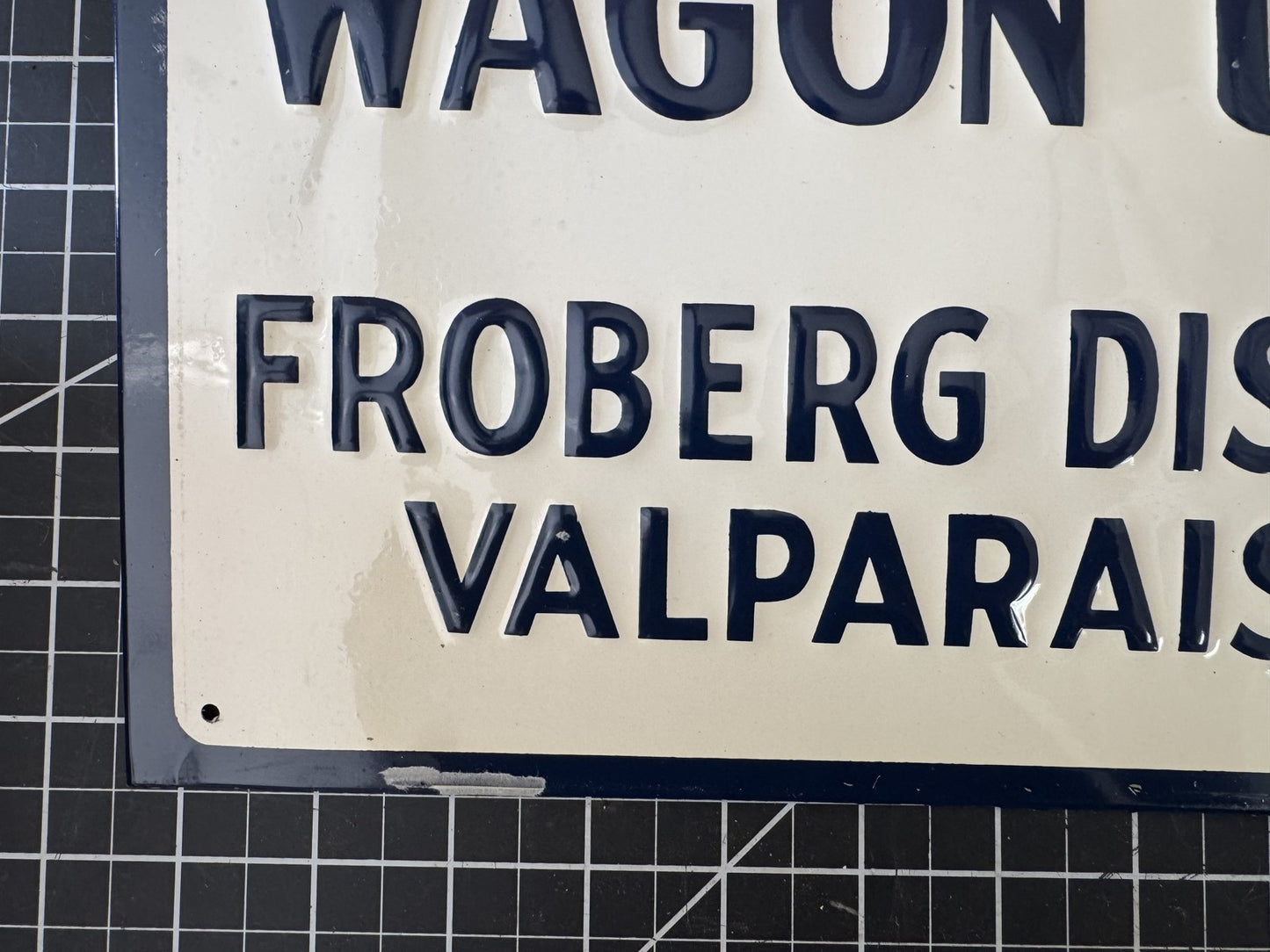 BOOMS Wagon Unloader Embossed Metal Sign – NOS, Valparaiso IN, 17”x11”