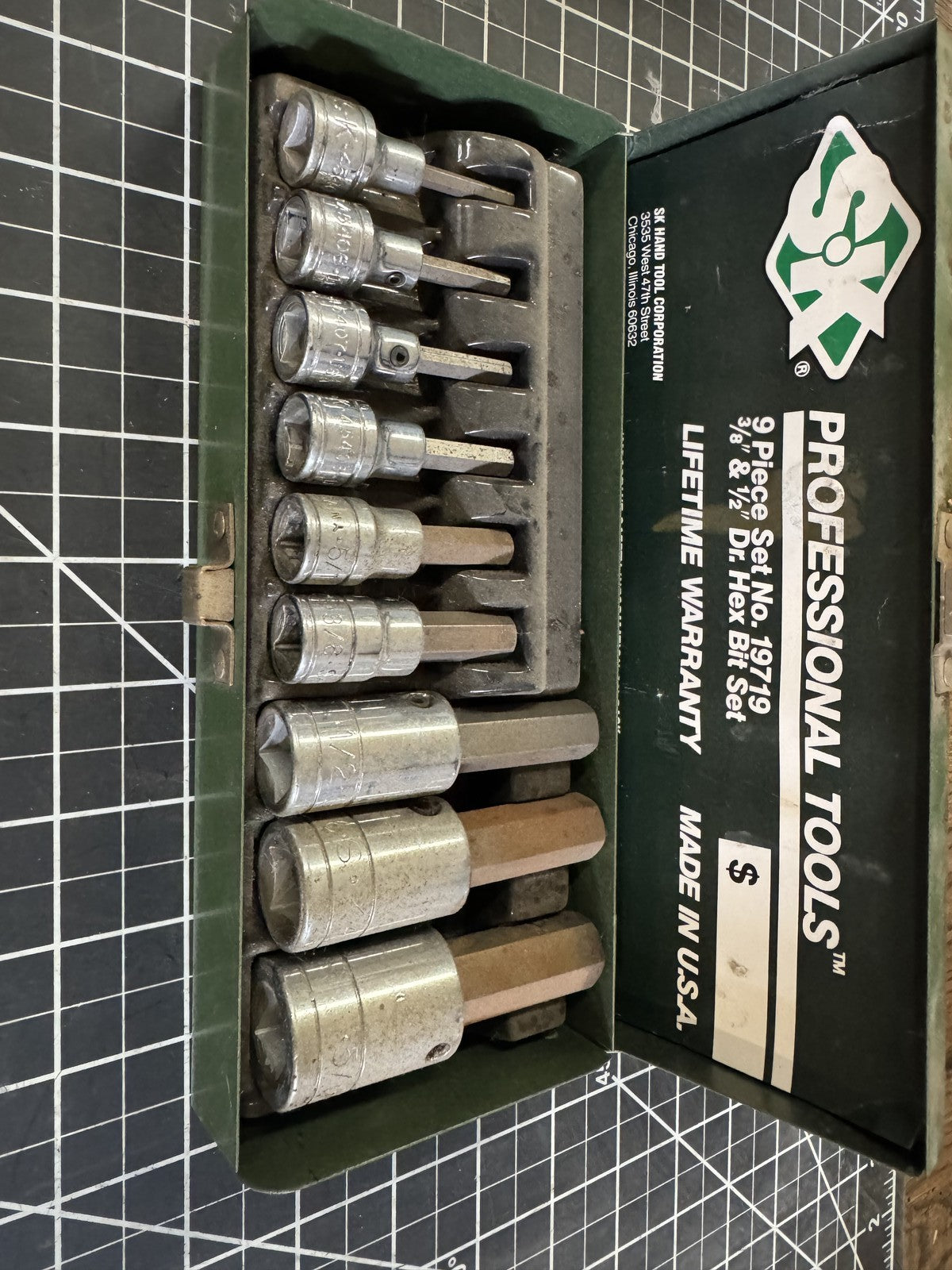 S-K 9pc Fractional Hex Bit Set – 3/8” & 1/2” Drive, Vintage w/ Original Tin