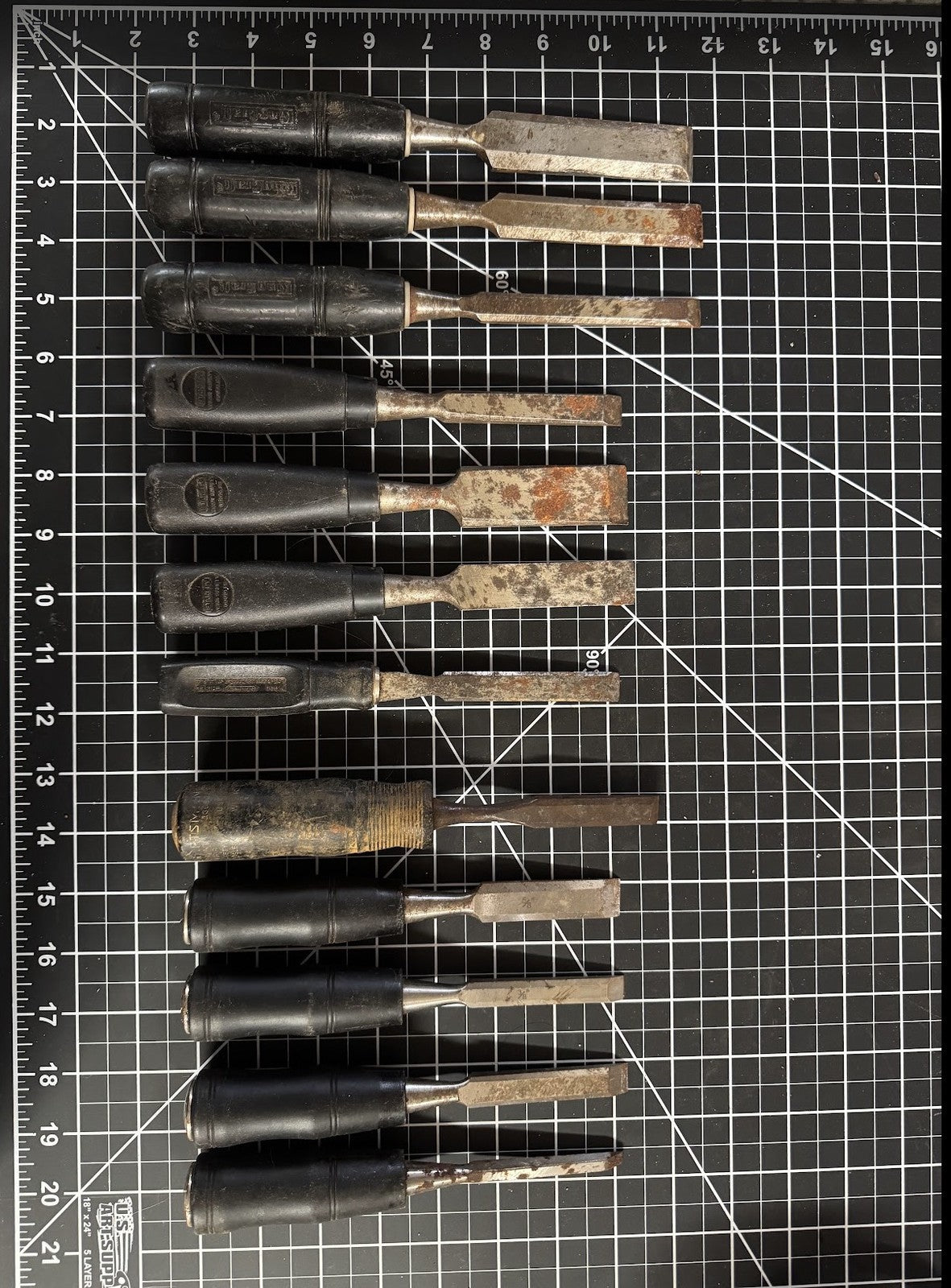 Lot of 12 Vintage Chisels – Black Handles | Craftsman, Stanley & Unmarked Mix