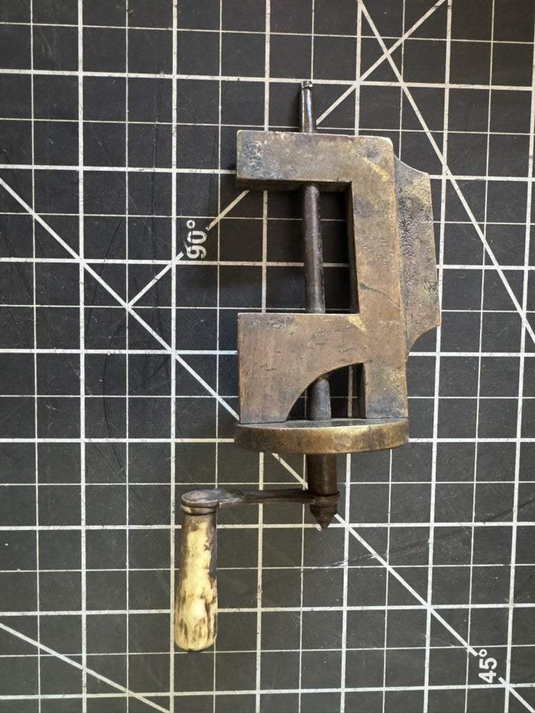 Antique Brass Hand-Operated Clamp – Bone Handle – Screw Crank – 4” – Engraved
