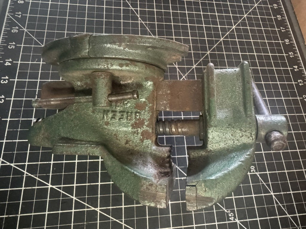 Vintage Green Swivel Base Bench Vise – 3-1/2” Jaws – Marked “GREEN”