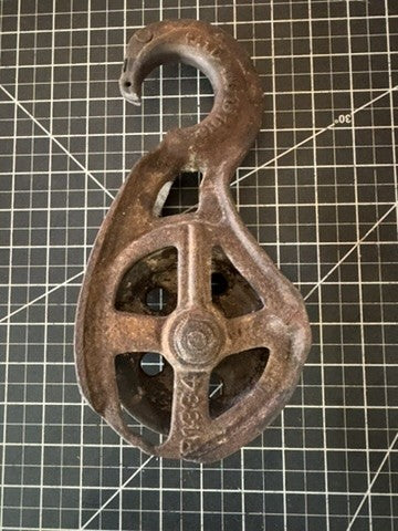 Antique Iron Pulley with Hook – Marked P1334, Pat. Aug 15 1916 – approx 12” x 6”