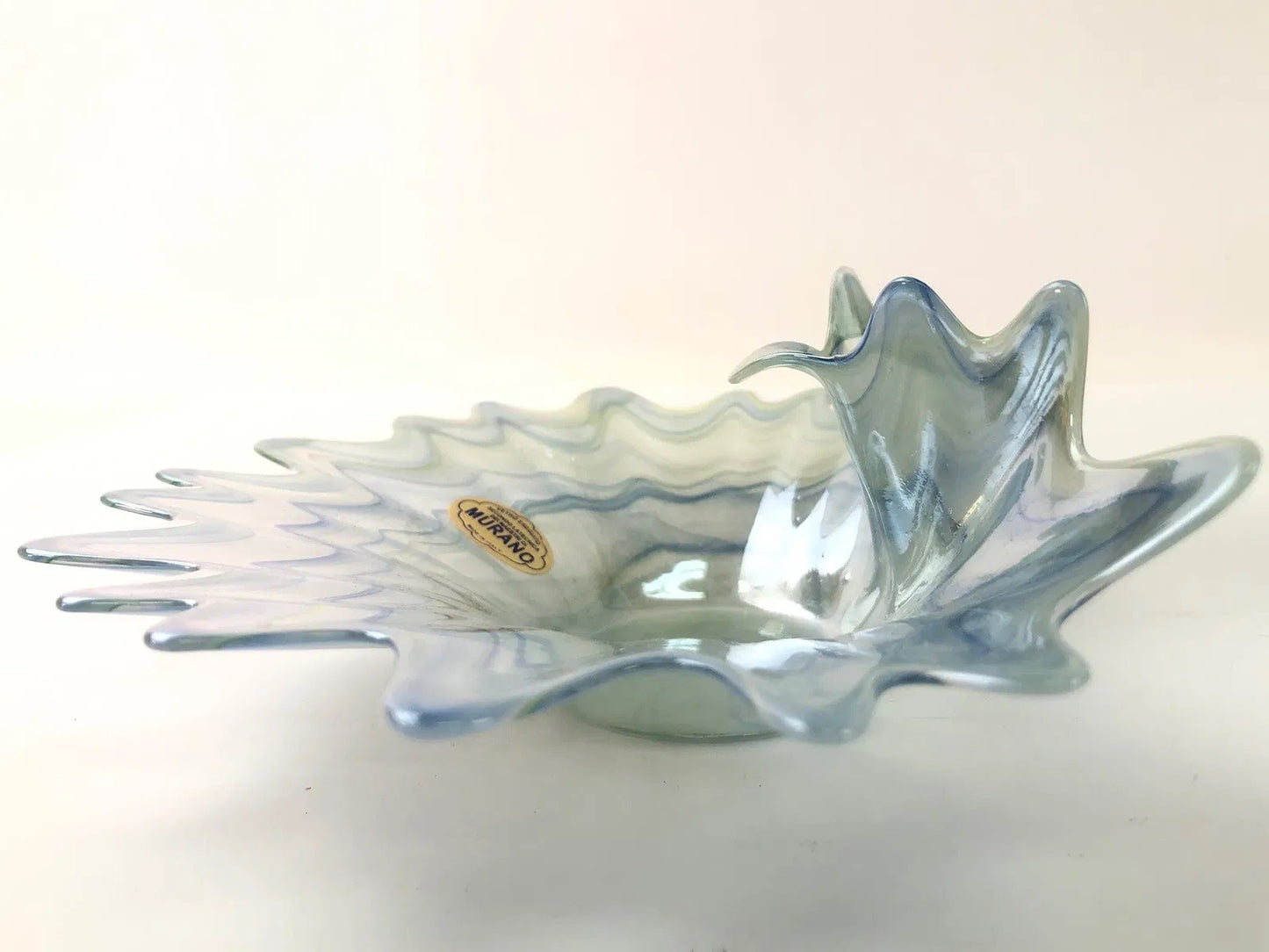Murano Art Glass Bowl – Wavy Starburst Rim – Blue & Gray Swirl – 8” – Italy