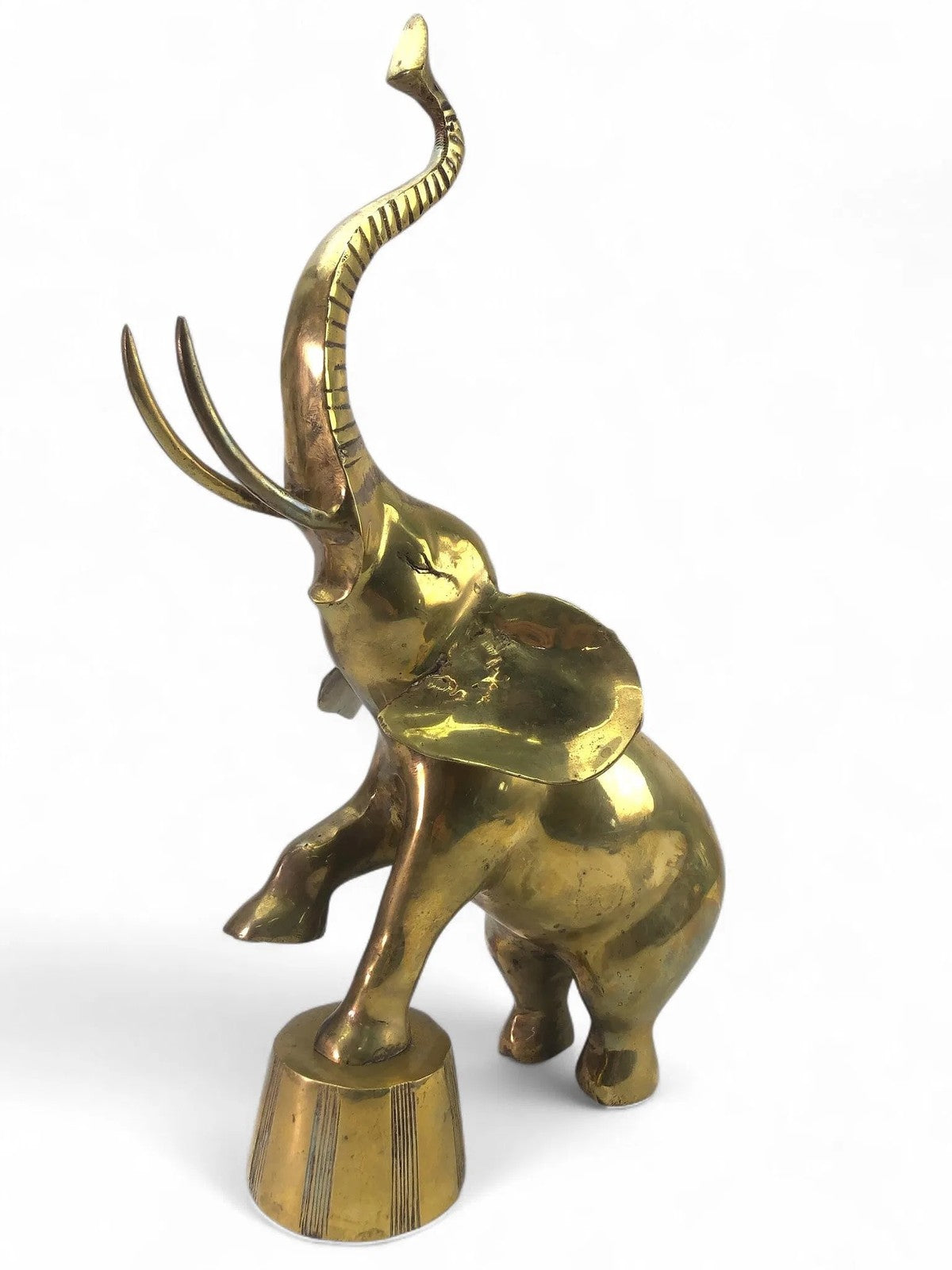 Vintage Brass Elephant Sculpture – 17” Tall Circus Display with Raised Trunk