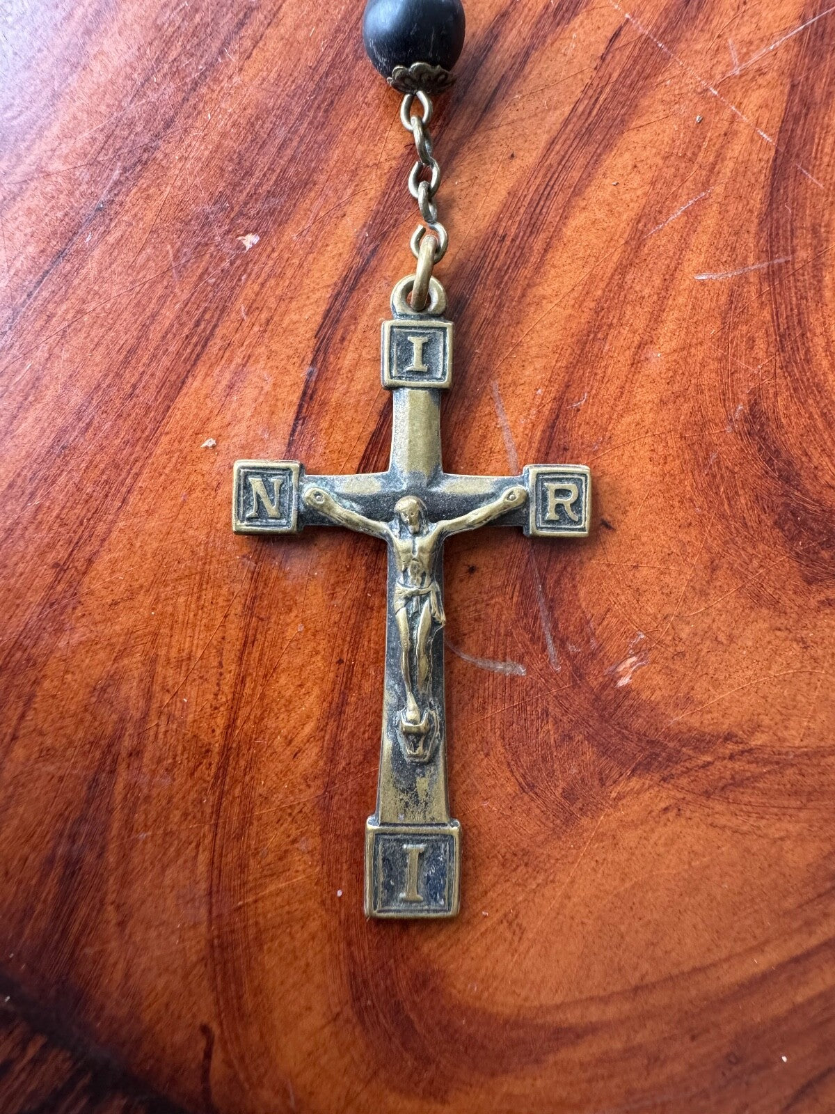 Vintage Black Wood Beads & Metal Cross Rosary