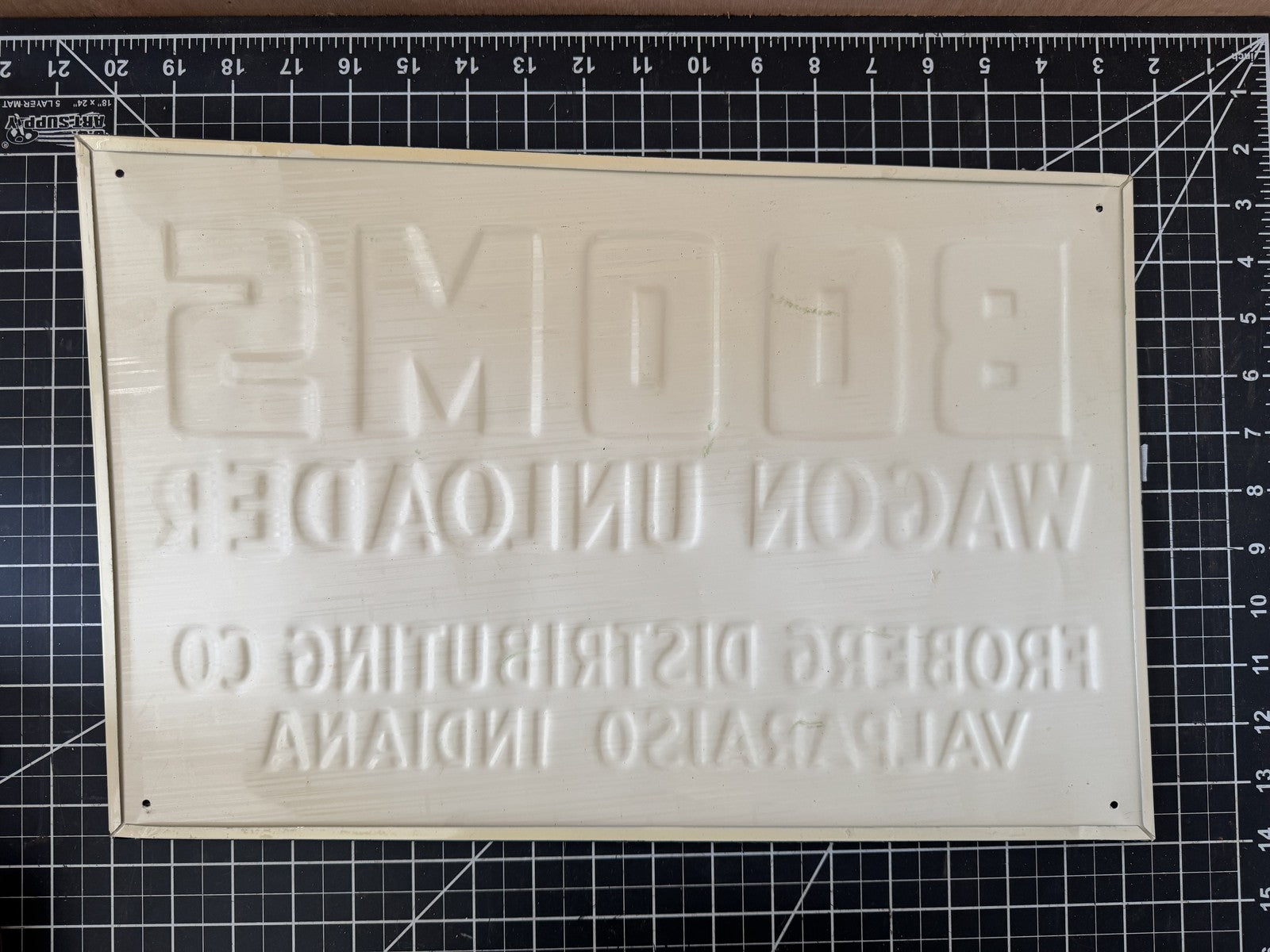 BOOMS Wagon Unloader Embossed Metal Sign – NOS, Valparaiso IN, 17”x11”