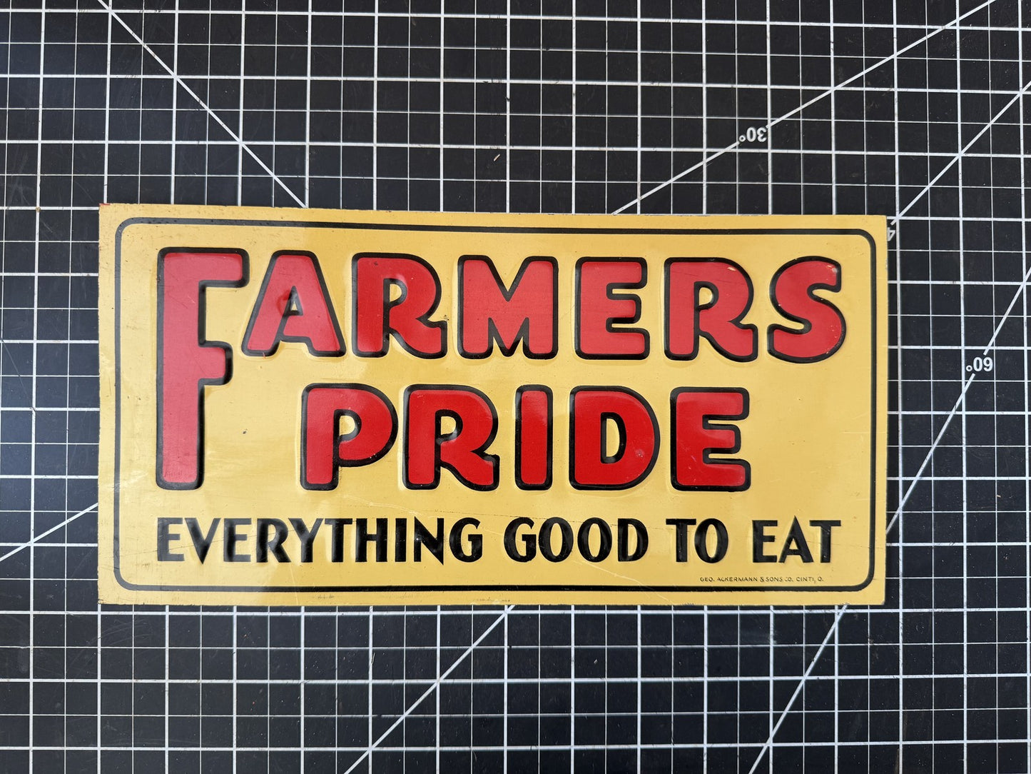 1930s NOS “FARMERS PRIDE Everything Good to Eat” Embossed Metal Sign – 11.5”x6”