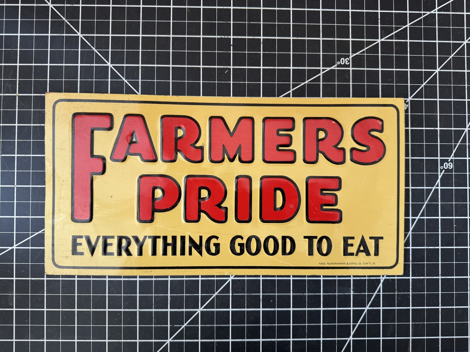1930s NOS “FARMERS PRIDE Everything Good to Eat” Embossed Metal Sign – 11.5”x6”