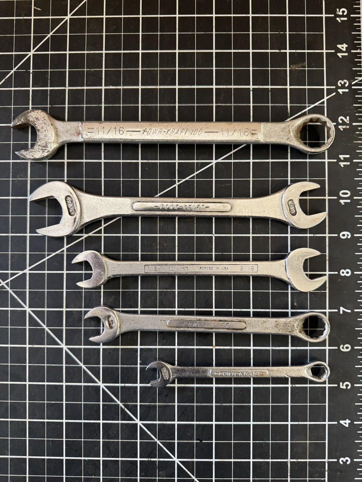Lot of 5 Vintage PowerKraft Wrenches – Combination & Double Open – USA