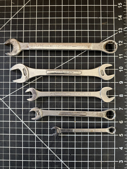 Lot of 5 Vintage PowerKraft Wrenches – Combination & Double Open – USA