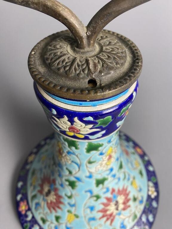 Antique Longwy Aesthetic Movement Pottery Lamp – Brass Fittings, c. Late 1800s