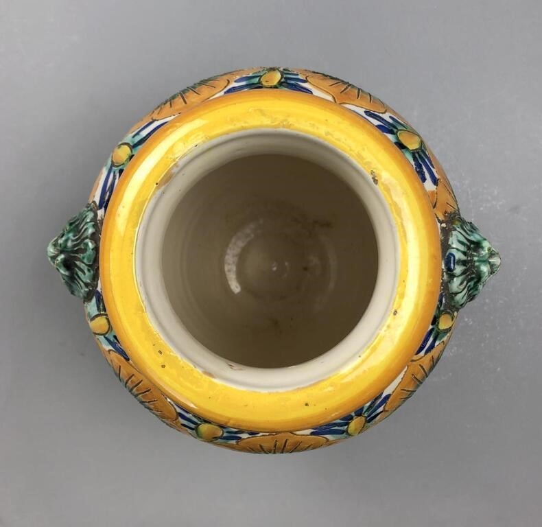 Mid-20th C. Italian Hand-Painted Vase – Incised Pottery with Lion Handles