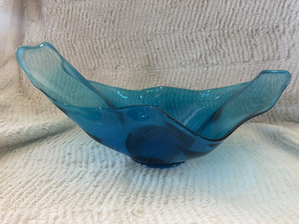 Vintage Hand Blown Blue Ruffle Art Glass Bowl – 17” Wide x 9”