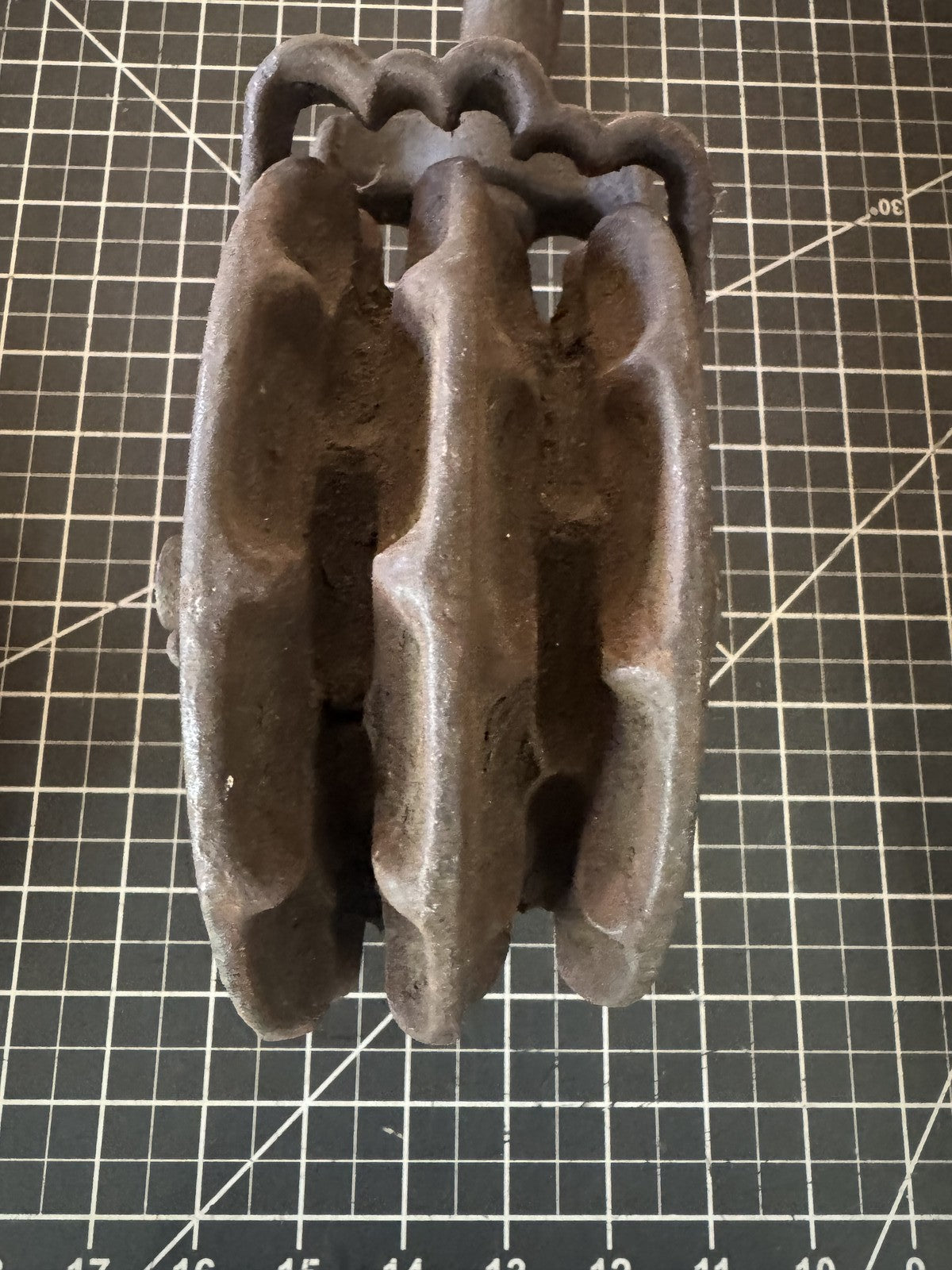 Vintage Cast Iron Double Pulley with Hook – Heavy Industrial Block, 14” x 8”