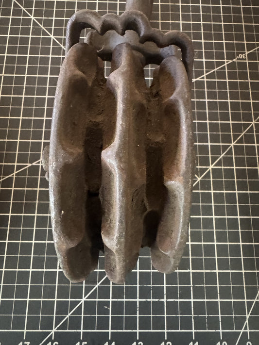 Vintage Cast Iron Double Pulley with Hook – Heavy Industrial Block, 14” x 8”