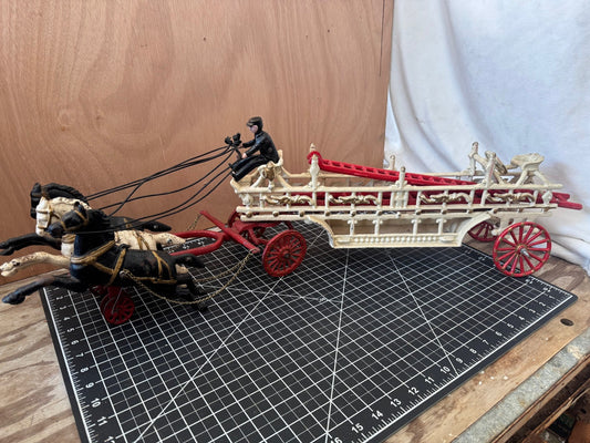 Vintage Cast Iron Hook & Ladder Fire Truck – 31” Long, 3 Horses, 3 Ladders