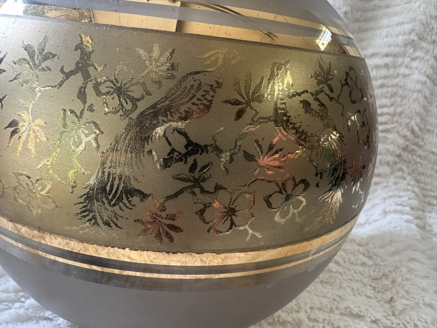 Vintage Bohemia Crystal Round Gold Vase – Etched Pheasants – Czechoslovakia