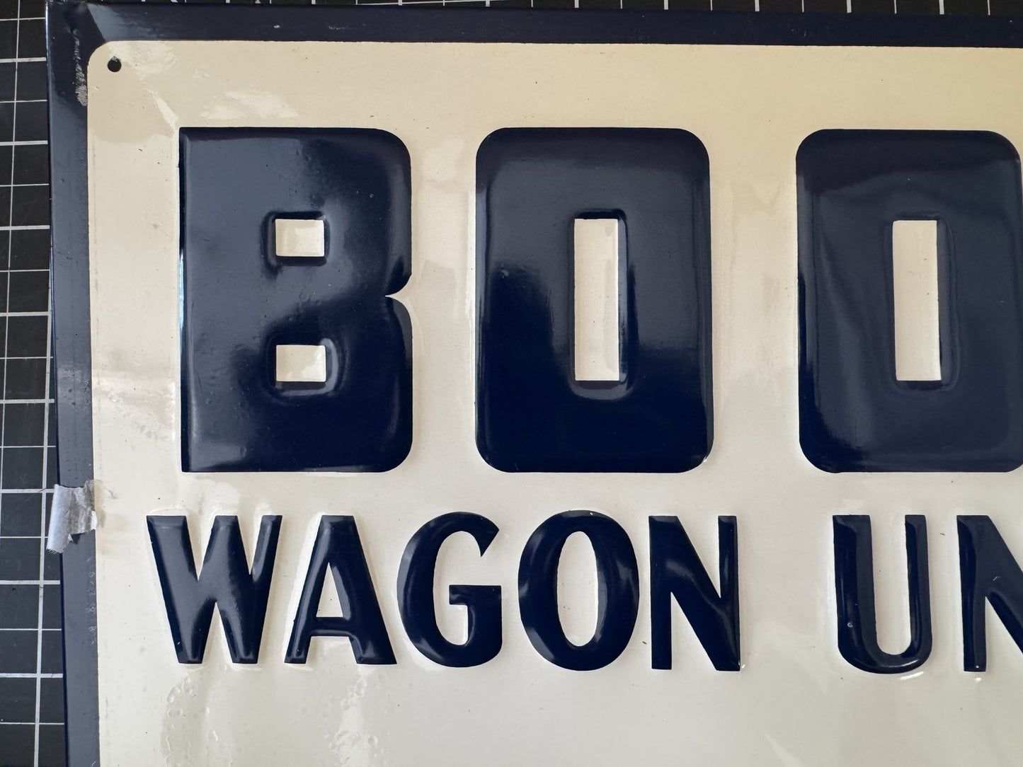 BOOMS Wagon Unloader Embossed Metal Sign – NOS, Valparaiso IN, 17”x11”