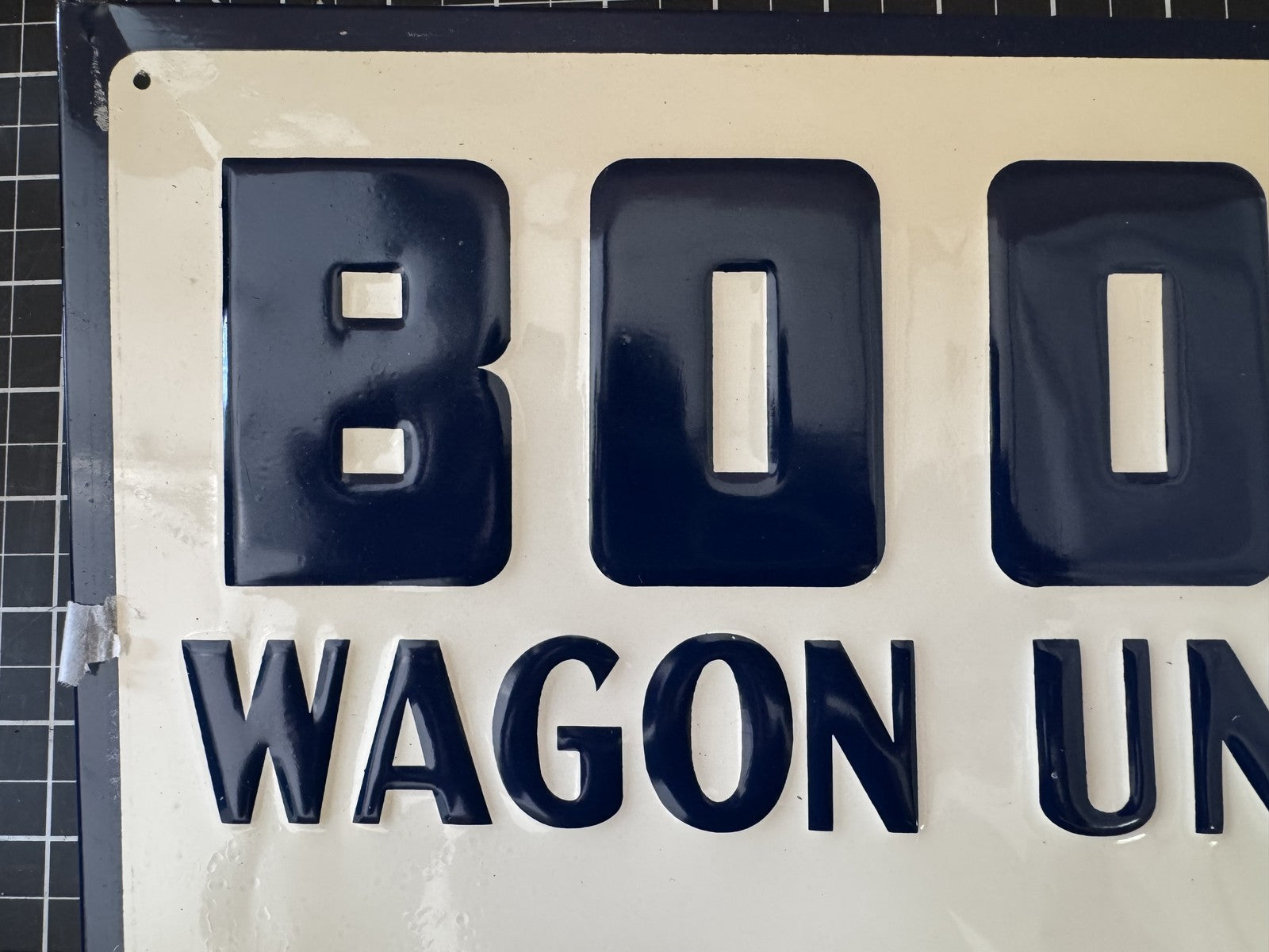 BOOMS Wagon Unloader Embossed Metal Sign – NOS, Valparaiso IN, 17”x11”