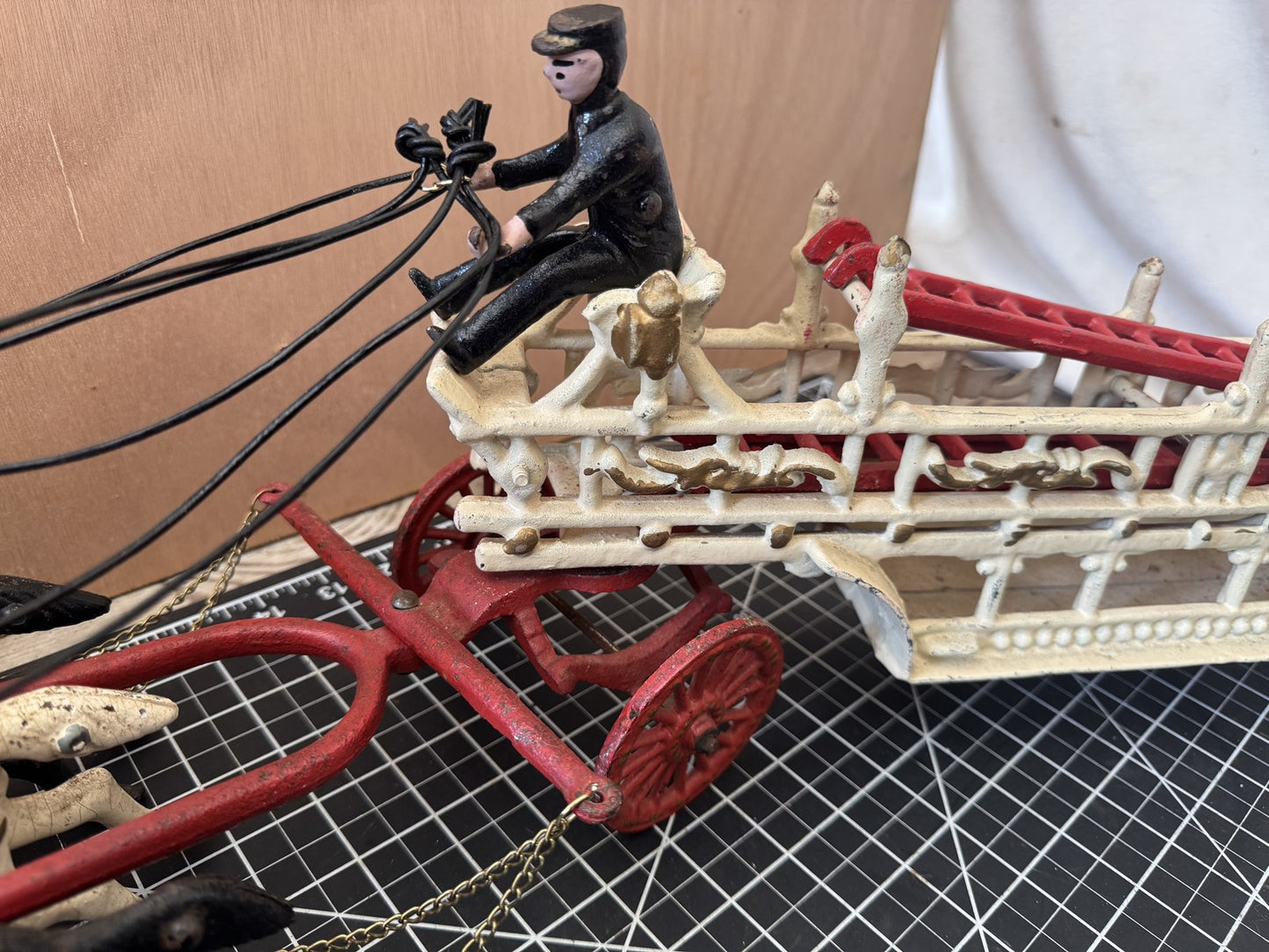 Vintage Cast Iron Hook & Ladder Fire Truck – 31” Long, 3 Horses, 3 Ladders